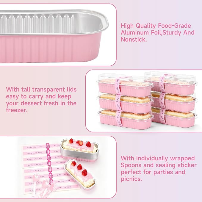 6.8oz Mini Loaf Pans with Lids, 100 Pcs Disposable Rectangular Aluminum Cake Pans, Pink Mini Baking Pans with Lids and Spoons, Includes 20 Pink Gift Bags, Small Cake Tins Ideal for Mini Cakes