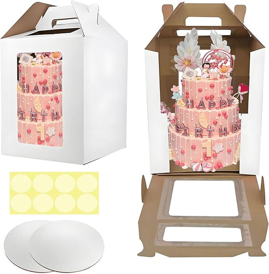 Cake Boxes - 2 Pack Tall Cake Box 12x12x14 Inch Disposable Layer Carrier with Window Large Tierd Cake Out Transport Containers with Handle for Wedding, Birthday, Party (White)
