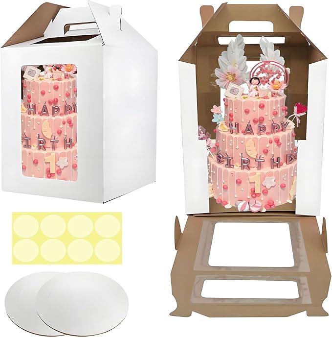 Cake Boxes - 2 Pack Tall Cake Box 10x10x12 Inch Disposable Layer Carrier with Window Large Tierd Cake Out Transport Containers with Handle for Wedding, Birthday, Party(White)