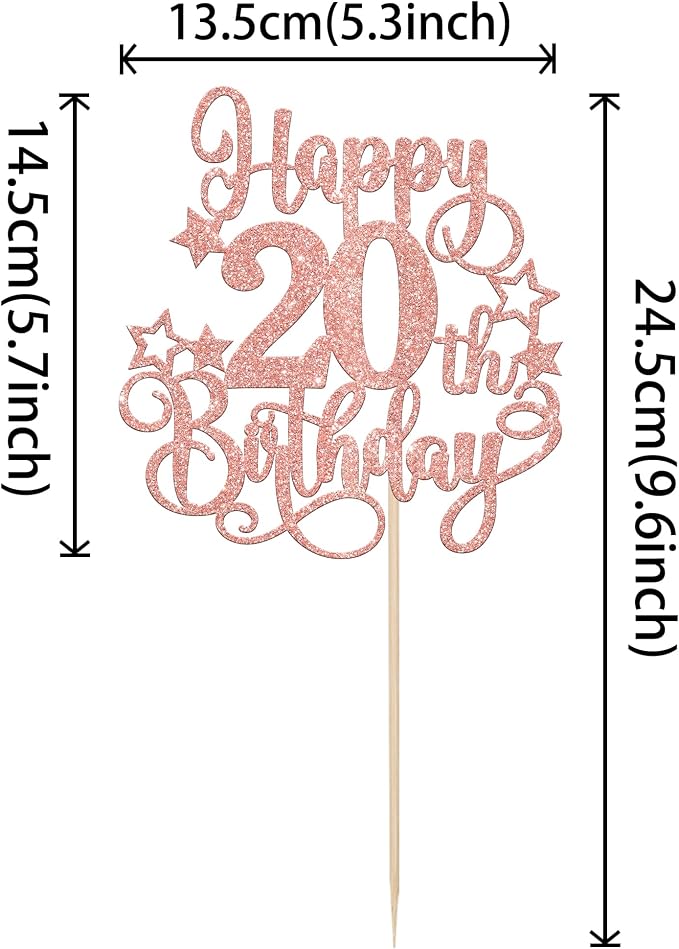 1 PCS Happy 20th Birthday Cake Topper Glitter Cheers to 20 Years Birthday Cake Pick Hello 20 Fabulous Cake Decoration for Happy 20th Birthday Anniversary Party Decorations Supplies Rose Gold