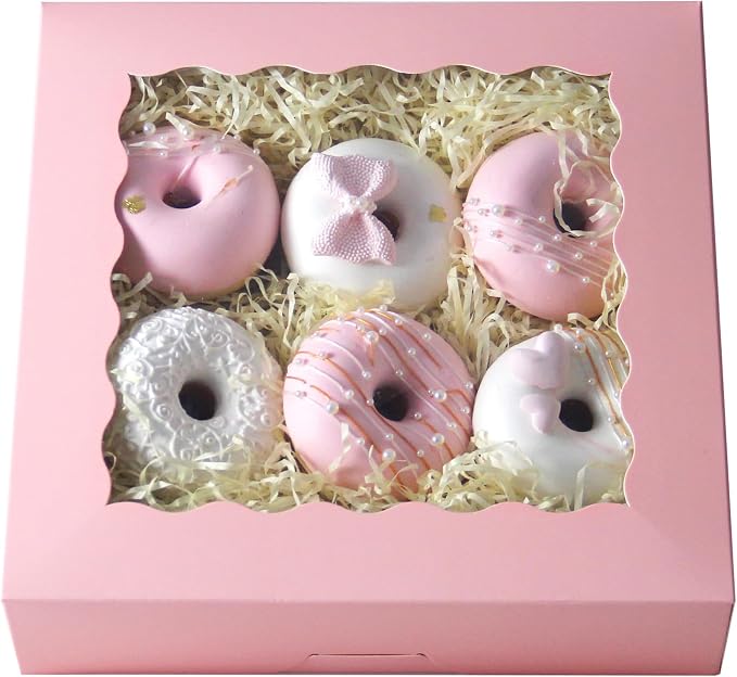 qiqee Auto-pop Up 30pcs Pie Box With Window 9x9x2.5 Inch Donut Pastry Boxes Pink Bakery Box