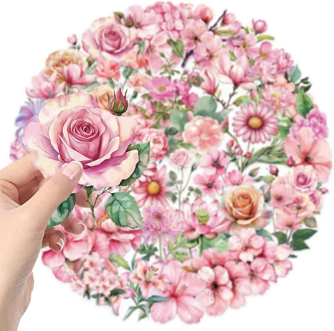 50Pcs Transparent Pink Flower Stickers PET Waterproof Nature Flower Decals Decorative for Water Bottles Phone Cases Laptops Scrapbook DIY Crafts Album Journal Plant Enthusiast (Pink Flower)