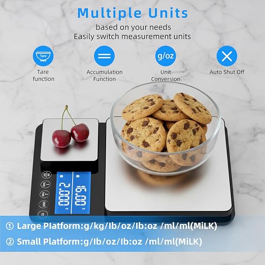 0.001oz/33lb Dual Platform Kitchen Scale, Diyife 9.4in Stainless Steel Food Scale with Two Precisions, Accumulation Functions, 7 Units, Tare, for Baking, Cooking, Pre-Meal Preparation