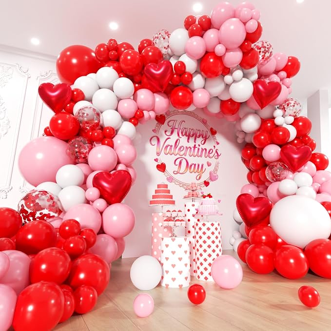 Valentines Day Balloons Garland Arch Kit - Different Size Red Pink White Balloons and Heart Foil Balloons for Valentine's Day Galentine's Day Engagement Anniversary Party Decoration Supplies