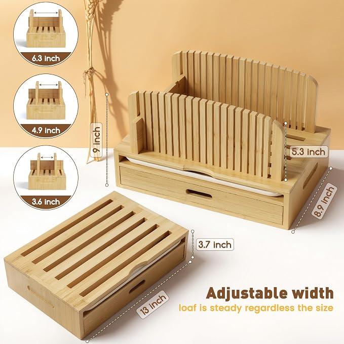 Bamboo Bread Slicer for Homemade Bread Adjustable Width Slicing Guides, Compact Loaf Cutter for Perfect Slices