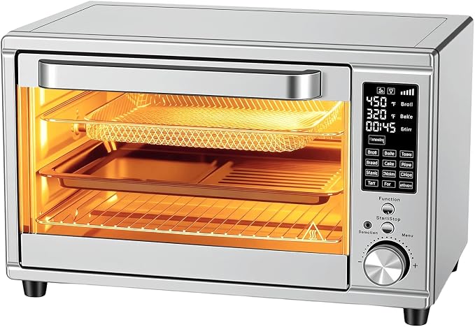 OLIXIS Toaster Oven Countertop, 29.6QT Air Fryer Toaster Oven Combo, 12-in-1 with Smart Probe, Broil, Bake, Toast & Specialized Presets, Temp Up to 450°F, 6 Accessories Included, Stainless Steel