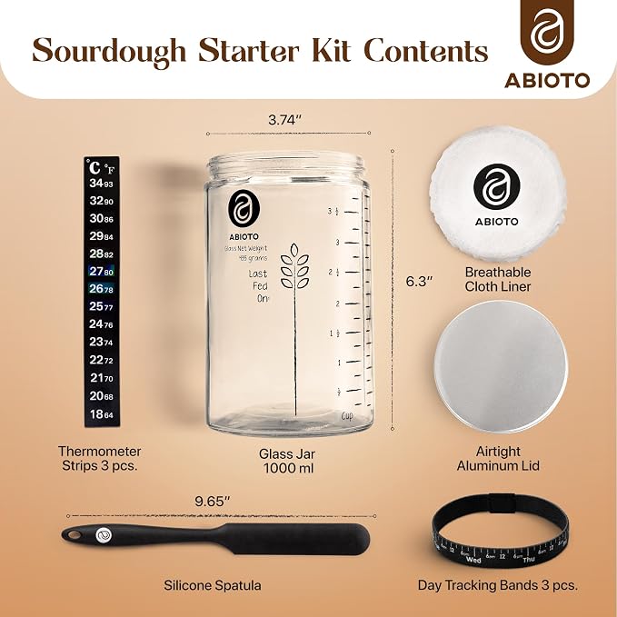 ABIOTO Sourdough Starter Jar Kit, Includes 34 oz Sourdough Starter Jar with Metallic Lid, Silicone Spatula, Feeding Tracker, Extra Thermometer Strips & Breathable Covers – Sourdough Bread Starter Kit
