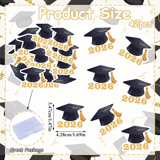 42pcs Edible Graduation Cap Cupcake Toppers Wafer Paper Gold Class of 2026 Cake Decorations Edible Grad Cap Cupcake Picks for 2026 Graduation Theme Party Cake Decor Supplies