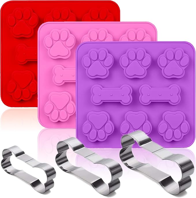 Silicone Molds Puppy Dog Paw & Bone Shaped 2 in 1 and Stainless Steel Cookie Cutter,for Homemade Treats Cat Animal Ice Candy Chocolate Baking Mold(Pink&Purple&Red)