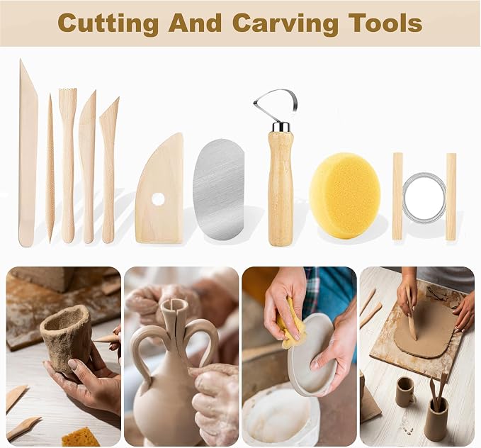 CeeVian 43PCS Clay Sculpting Tools Kit, Pottery Tools Set with Stainless Steel & Wooden Clay Carving Tools, Ball Stylus, Rubber Tip Shapers, Sponge & Storage Bag for Ceramic, Polymer Clay, Sculpting