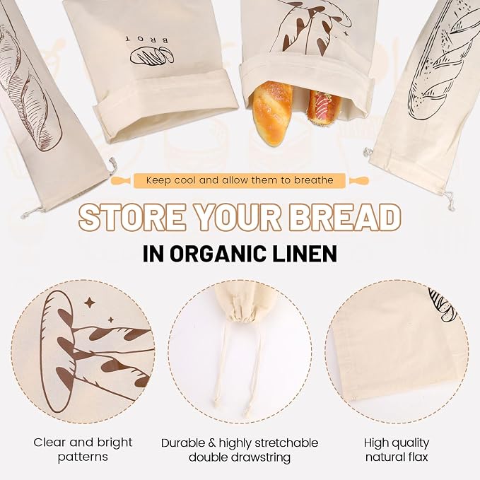 Huakaile 3 Pieces Linen Black Sourdough Bread Bags Baguettes 24" x 6" & 11" x 15", Reusable Homemade Bread Storage to Keep Fresh, Large Food Wraps Sourdough Baking Supplies for Kitchen Baker