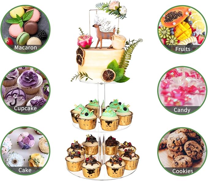 YestBuy 3 Tier Round Cupcake Stand, Acrylic Cake stand, Cupcake Tower Stand, Premium Cupcake Holder For 23 Cupcakes, Display for Pastry Wedding Birthday Party (4.7" between 2 layers)