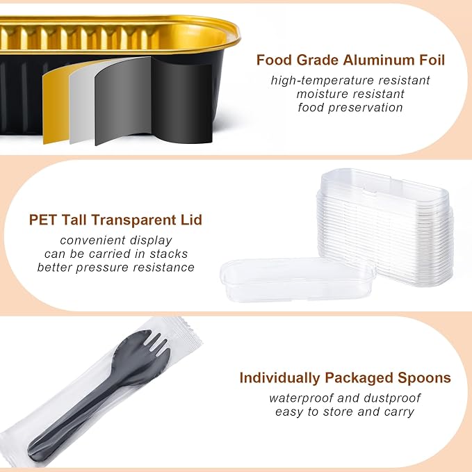 Husfunov 25 Pack Mini Cake Pans with Lids and Spoons, Small Aluminum Foil Loaf Pans, Rectangular Baking Containers for Party and Picnics, 6.8oz (Black/Gold)