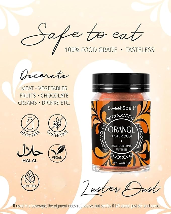 Sweet Spell Luster Dust Edible Glitter (15g) - Shimmer Pearl Dust Powder for Decorating Cakes, Chocolate, Drinks, Cocktails - 100% Edible, Food Grade, Vegan, Gluten-Free (Orange)