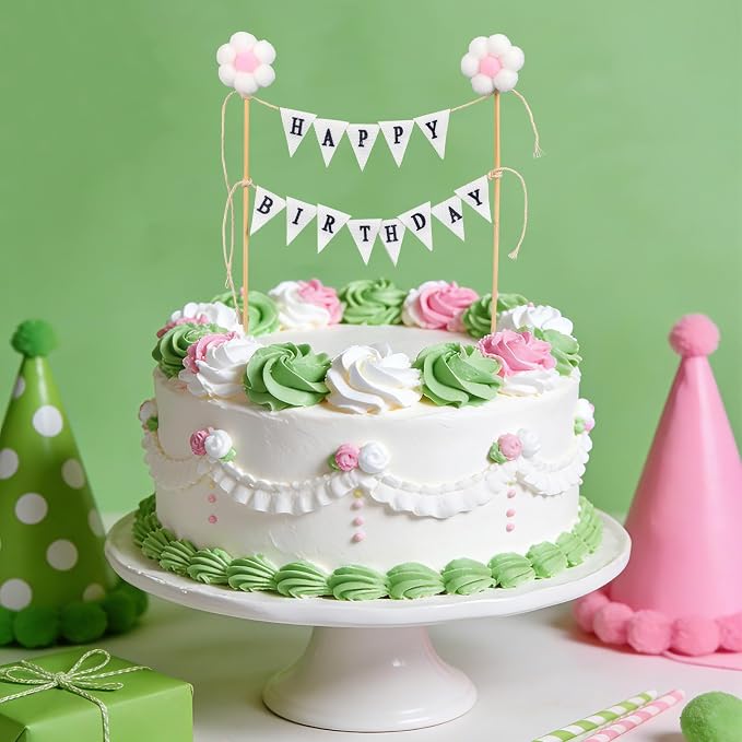 Happy Birthday Flag Banner Cake Topper, Handmade Ivory Cotton Pennant & Flower Flags with Wooden Poles Party Decorations for Cakes & Cupcakes
