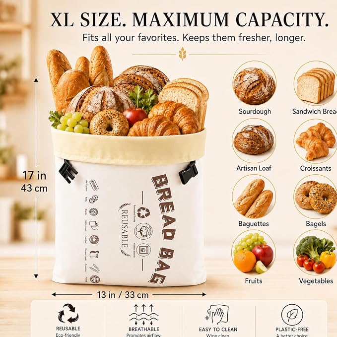 1 Pack Beeswax Bread Bags for Sourdough, XL 17 x 13 Inch Beeswax Bread Bag, Reusable Cotton Bread Storage Bag with Natural Wax Lining, Freezer Safe, Long-Lasting Freshness, Capacity for Home Baking