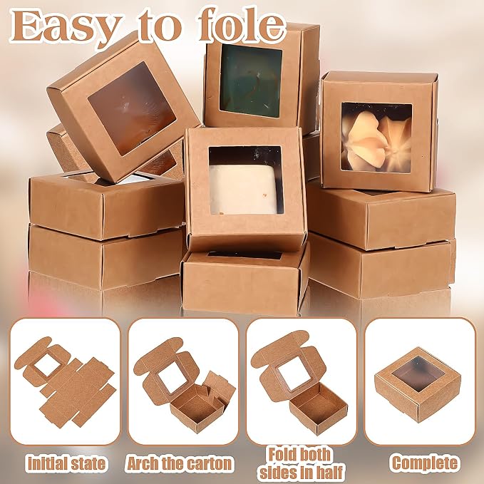 MAQUITA 100 Pcs Soap Packaging Boxes with Window Mini Kraft Paper Boxes Bulk Treat Favor Boxes Rectangle Gift Soap Boxes for Homemade Soap Making Cookies Candy Prese