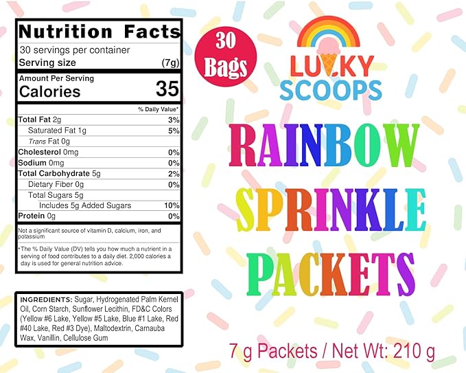Lucky Scoops Rainbow Sprinkles Packets – 30 Individually Wrapped 7 g Packs in Resealable Pouch – Dairy-Free, Gluten-Free, Vegetarian, Soy & Nut-Free Rainbow Jimmies for Dessert Toppings for Ice Cream Sundae, Baking & Parties, Cruise Pixie Dusting