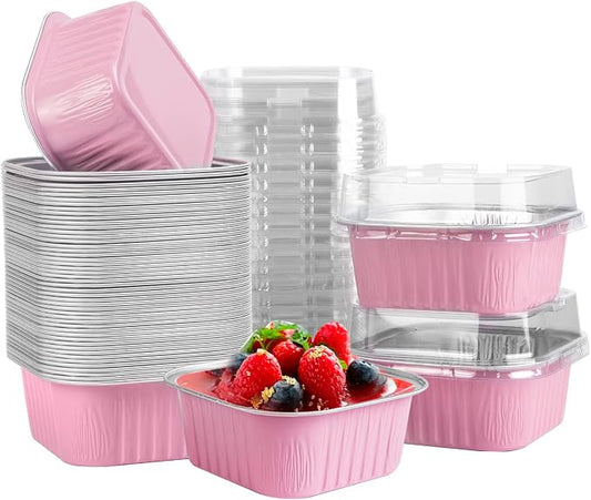 50 Pcs Mini Square Baking Cups with Lids,10oz Aluminum Foil Mini Cake Pans with Lids,Disposable Ramekins Cake Pans,300ml Dessert Cups Cupcake Pans for Wedding Birthday Party,Pink