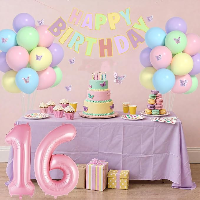 16th Birthday Decorations For Girls- 12 Inch Pastel Balloons, 32 Inch Pink 16 Balloon, 3D Butterflies Stickers, Happy Birthday Banner For Girl Sweet Sixteen Party Decorations