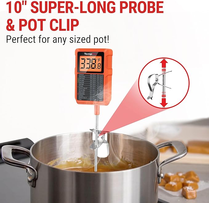 TempPro TP510 Waterproof Digital Candy Thermometer with Pot Clip, 10" Long Probe Instant Read Food Cooking Meat Thermometer for Grilling BBQ Deep Fry Oil Fathers Day Gift (Previously ThermoPro)