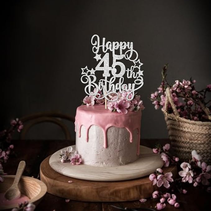 1 PCS Happy 45th Birthday Cake Topper Glitter Cheers to 45 Years Birthday Cake Pick Hello 45 Fabulous Cake Decoration for Happy 45th Birthday Anniversary Party Decorations Supplies silver