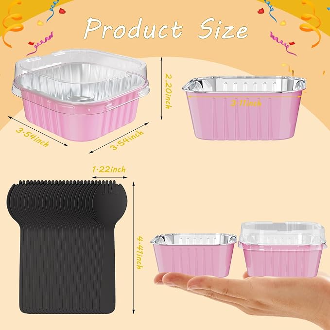 100 Pack Square Mini Cake Pans with Lids,Mini Loaf Pans with Lids,Aluminum Foil Baking Cups,Disposable Ramekins Cupcake Cups,Dessert Cups for Wedding Birthday Party Picnics,5oz (Pink)