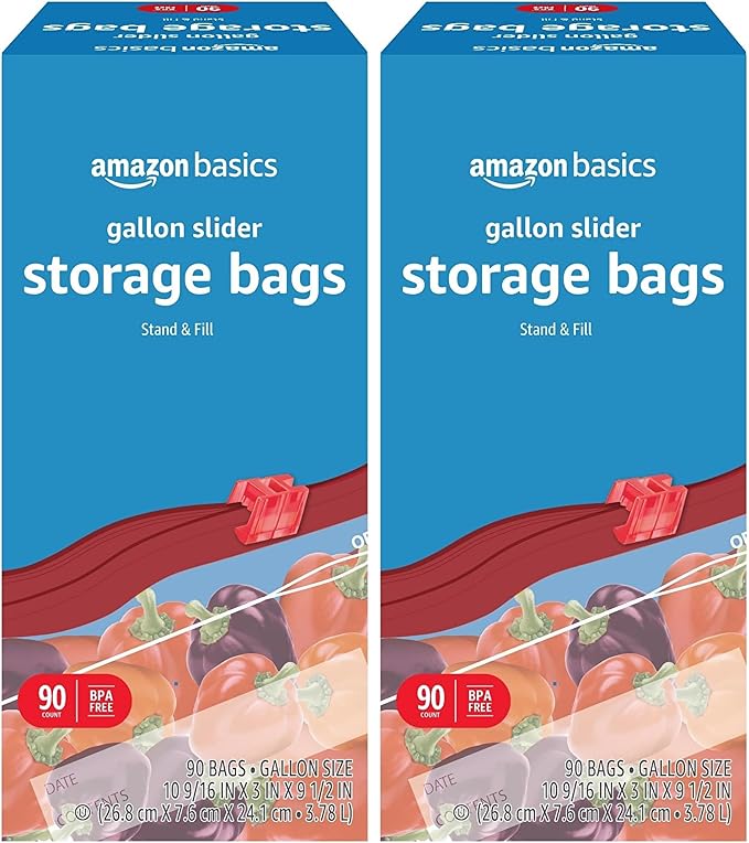 Amazon Basics Slider Gallon Food Storage Bags, BPA Free, Stand-Up Bottom, Easy to Fill, 90 Count (Pack of 2)