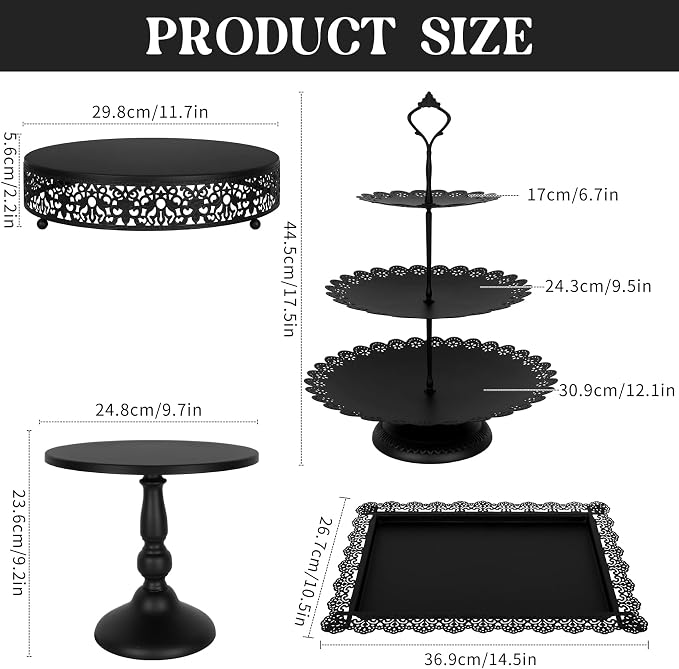 Fivenl 8 Pcs Cake Stand Black Metal Dessert Table Display Set, 3-Tier Cupcake Stand, Cake Display Tower and Cookie Tray Rack Serving Tray for Birthday Party, Weddings, Baby Shower (Black)