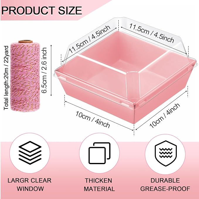 Jetec 150 Pack Charcuterie Boxes with Clear Lids and Rope 4 Inches Cake Disposable Square Dessert Food Box Containers with Lids for Bakery Macaron Cookies Strawberries Fruits Display (Pink)