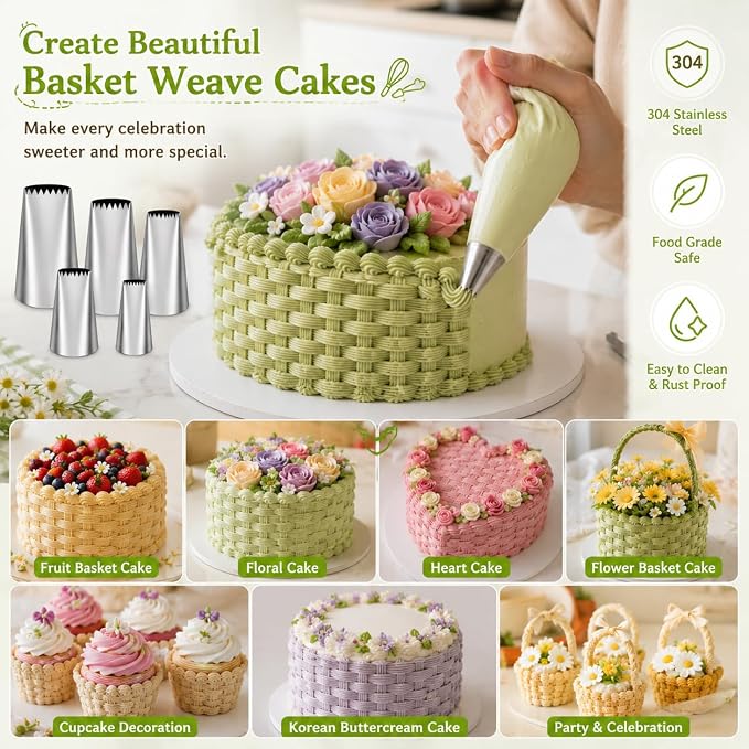 5 Pcs Basketweave Piping Tips Set, Stainless Steel Icing Nozzles for Cake Decorating, Includes 3D, 1D, 895, 48, 47-Dishwasher Safe