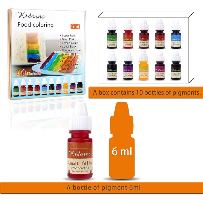 Food Coloring - Yellow,Blue,Green,Violet 10 Color cake food coloring liquid Variety Kit for Baking, Decorating,Fondant and Cooking, Slime Making Supplies Kit - .25 fl. oz. (6ml) Bottles
