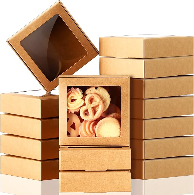 Zonon 30 Pcs Kraft Paper Boxes with Window 4.13 x 4.13 x 1.18 Inch Candy Packaging, Small Gift Boxes, Soap holder, Mini Treat Packaging for Bakery Chocolate Jewelry Display (Brown)