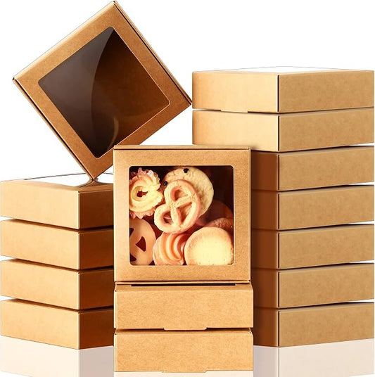Zonon 30 Pcs Kraft Paper Boxes with Window 4.13 x 4.13 x 1.18 Inch Candy Packaging, Small Gift Boxes, Soap holder, Mini Treat Packaging for Bakery Chocolate Jewelry Display (Brown)
