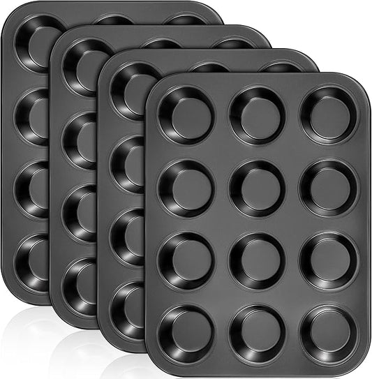 Domensi 4 Pcs Muffin Pan 12 Cup Carbon Steel Cupcake Baking Pan Nonstick Tin Tray for Standard Muffins, Brownie, Tart, Quiche, Heavy Duty Bakeware Set, Oven & Dishwasher Safe