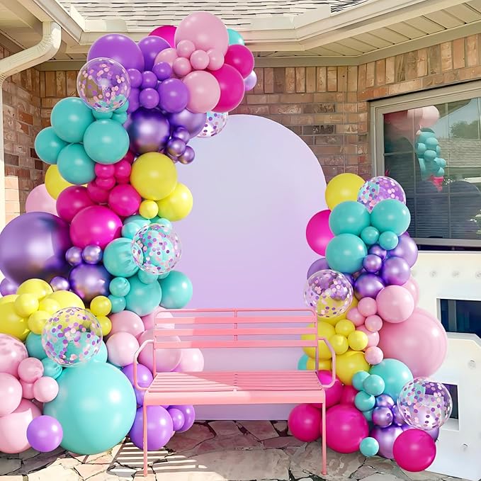 Purple Blue Pink Balloon Garland Arch Kit, 143Pcs Yellow Confetti Balloons for Princess Birthday Baby Shower Valentines Decorations
