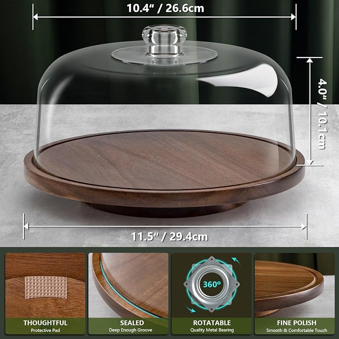ANBOXIT Cake Stand with Dome Lid, Acacia Wood Rotating Cake Plate with Cover, Wooden Cake Display Stand with Acrylic Dome - Rotatable
