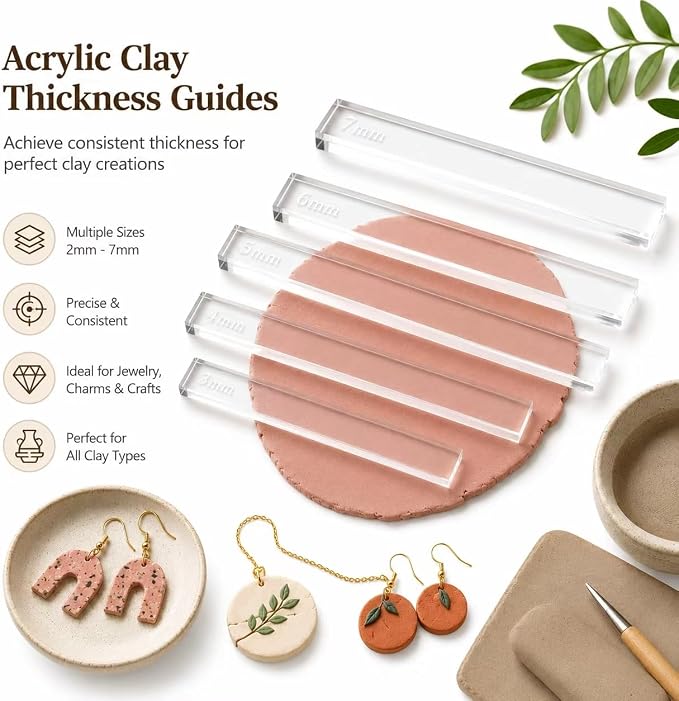 Polymer Clay Tools 12Pcs Acrylic Rolling Pin Guides Set Adjustable Depth Guides 2-7mm with Protective Film Clay Roller for Polymer Earrings, Sculpting, Modeling & DIY Jewelry Making