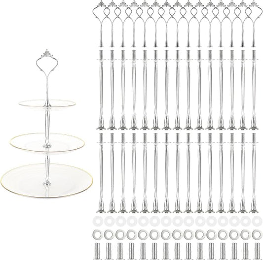 QTLCOHD 15 Sets 3 Tiered Cake Stand Hardware Kit, Zinc-Alloy Heavy Duty | 3 Tier Cake Plate Handle Fitting Hardware Rod for Dessert Serving Trays Cupcake Fruit Holder, Silver Crown