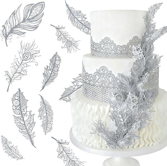 Feather Edible Cake Lace for Cupcake Topper Decoration 10-piece Set Sliver