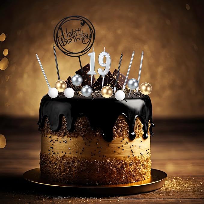 Yerliker 34 Pcs Happy Birthday Cake Toppers Decorations Birthday Candles DIY Cake Decor for Men Women Wedding Anniversary(Gold Silver White)