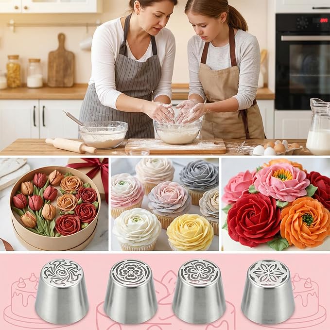 4 PCS Russian Piping Tips Set, Stainless Steel Extra Large Russian Piping Tip 3D Flower Tips for Cake Decorating, Flower Shaped Frosting Nozzle Kit for Wedding Birthday Cakes Cupcakes Cookies Baker