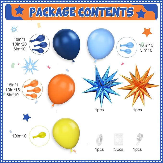 Blue and Orange Yellow Balloon Arch Kit with Star Foil Balloons, Orange Blue and Yellow Balloons Garland Kit for Kids Birthday Baby Shower Graduation Engagement Party Decorations Supplies