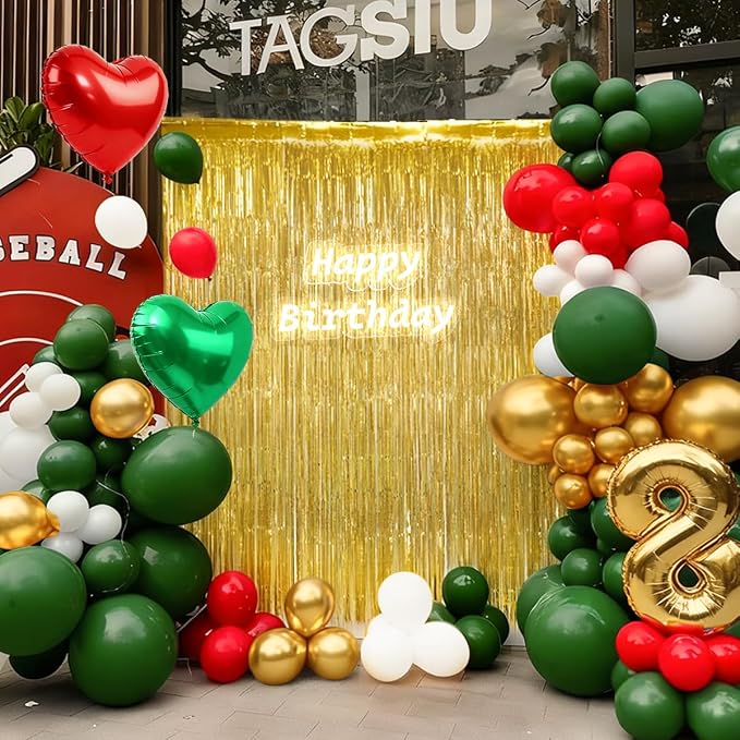 Red Green White and Gold Christmas Balloon Garland Arch Kit with Fringe Curtain for Birthday Baby Shower Winter Wedding Holiday Office Ugly Sweater Party Decorations