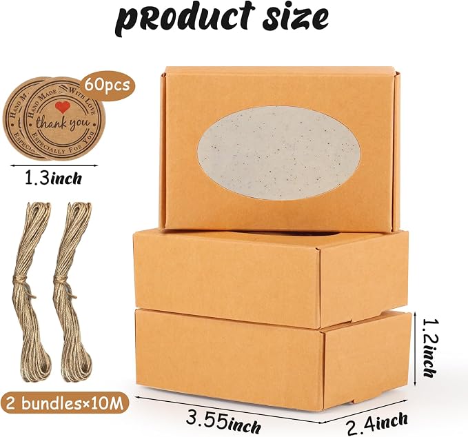 RYKOMO 60 PCS Soap Boxes for Homemade Soap 3.55 X 2.4 X 1.2 Inch Small Soap Packaging Boxes Kraft Soap Box with Window Mini Soaps Gift Boxe for Homemade Bakery Candy Cookies Packaging
