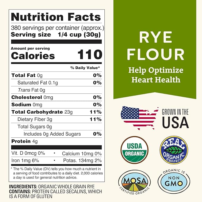 Organic Rye Flour 25 lb Bulk - Non-GMO, USDA Organic, Low Gluten, Vegan, For Baking, Cooking, Supports Heart Health & Digestion - USA Grown by a Wisconsin Family Farm