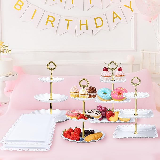 Dessert Table Display Set,10Pcs Cake Stand,4 Pcs 3 Tiered Cupcake Stands and 6 Pcs Dessert Trays Serving Trays for Party Baby Shower Wedding Tea Party Decorations