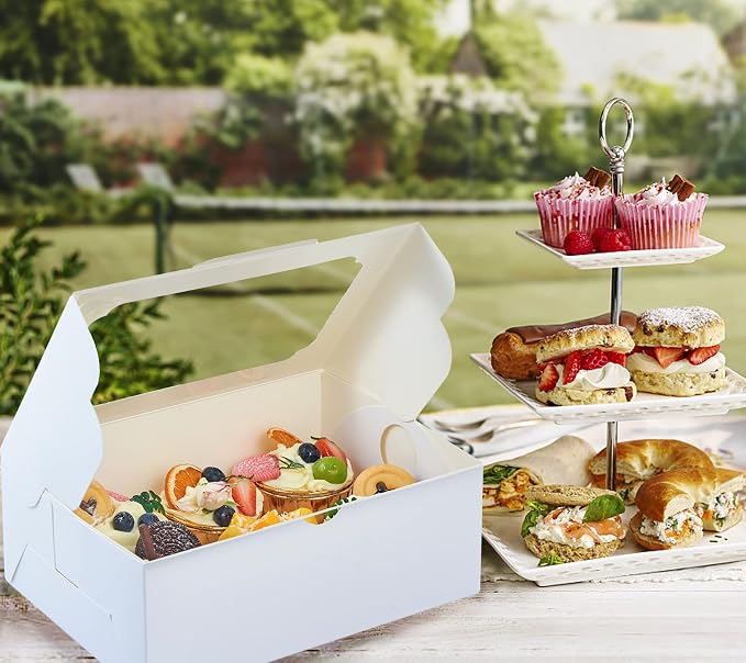 UnicoPak 20 Pack White Cupcake Boxes with Handle Tray - 4" Tall Large Muffin Boxes for 6 Cupcakes - Professional Food-Grade Cardboard Window Boxes for High Frosting, Toppers & Jumbo Treats