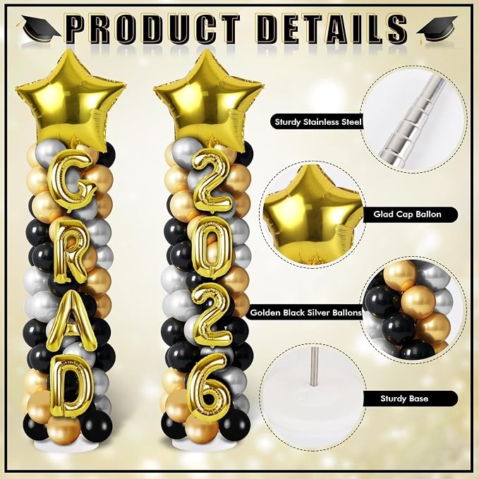 2 Sets Graduation Balloon Column Stand Kits with Balloons 2026 Grad Themed Decoration Navy Blue Balloon Tower Stand Kit for Grad High School & College Celebration Party Decor (Black Gold, 2)
