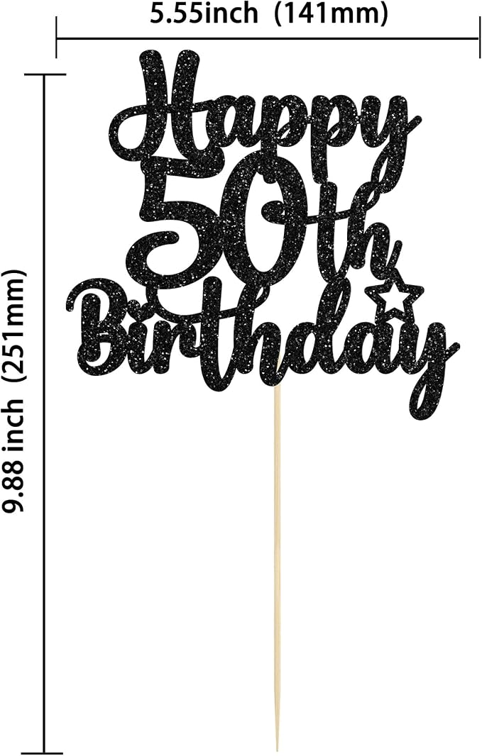 Gyufise 1Pc Happy 50th Birthday Cake Topper Glitter 50 & Fabulous Cheers to 50 Years Old 50th Birthday Cake Pick for Celebrating 50th Birthday Anniversary Party Cake Decorations Black